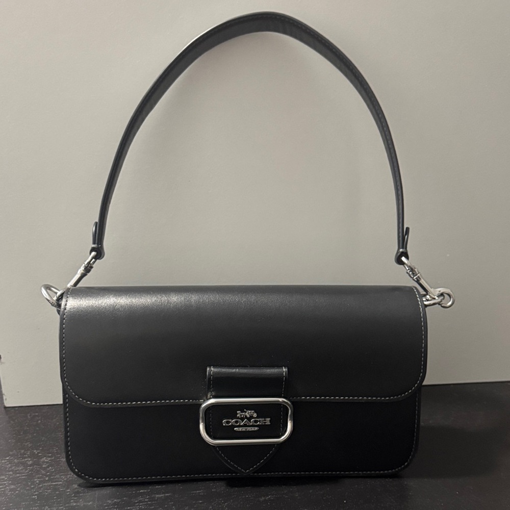 Coach Black Leather Shoulder Bag with Silver Accents